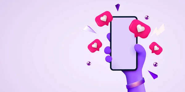 Carino cartone animato mano che tiene smartphone mobile con Likes icone di notifica. Social media e concetto di marketing. — Vettoriale Stock