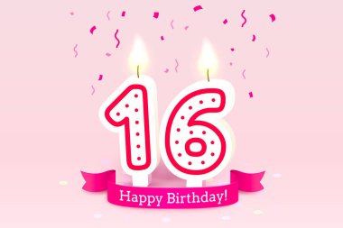 Doğum günün kutlu olsun. Doğum gününün 16. yıldönümü, Candle numara şeklinde. Vektör