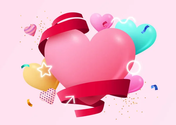 Fondo Feliz Día de San Valentín con Globos de Corazones Voladores. — Archivo Imágenes Vectoriales