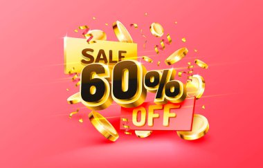 60 indirimli Yaratıcı kompozisyon indirimi. Dekoratif eşyalar, altın konfeti, podyum ve hediye kutusu olan 3D satış sembolü. Satış afişi ve poster. Vektör