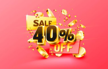Kırk indirim. Yaratıcı kompozisyon indirimi. Dekoratif eşyalar, altın konfeti, podyum ve hediye kutusu olan 3D satış sembolü. Satış afişi ve poster. Vektör