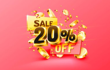 20 indirim. Yaratıcı kompozisyon indirimi. Dekoratif eşyalar, altın konfeti, podyum ve hediye kutusu olan 3D satış sembolü. Satış afişi ve poster. Vektör