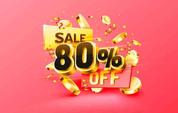 80 Off. Discount creative composition. 3d sale symbol with decorative objects, golden confetti, podium and gift box. Sale banner and poster. Vector — Stock Vector