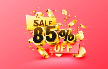 85 kapalı. Yaratıcı kompozisyon indirimi. Dekoratif eşyalar, altın konfeti, podyum ve hediye kutusu olan 3D satış sembolü. Satış afişi ve poster. Vektör