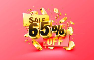 65 indirimli Yaratıcı kompozisyon indirimi. Dekoratif eşyalar, altın konfeti, podyum ve hediye kutusu olan 3D satış sembolü. Satış afişi ve poster. Vektör
