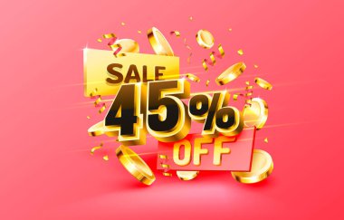 Kırk beş. Yaratıcı kompozisyon indirimi. Dekoratif eşyalar, altın konfeti, podyum ve hediye kutusu olan 3D satış sembolü. Satış afişi ve poster. Vektör