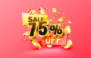 75 indirim. Yaratıcı kompozisyon indirimi. Dekoratif eşyalar, altın konfeti, podyum ve hediye kutusu olan 3D satış sembolü. Satış afişi ve poster. Vektör