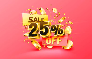 25 indirim. Yaratıcı kompozisyon indirimi. Dekoratif eşyalar, altın konfeti, podyum ve hediye kutusu olan 3D satış sembolü. Satış afişi ve poster. Vektör
