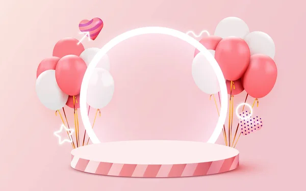 Dia dos Namorados fundo com exibição de produto e balões em forma de coração. — Vetor de Stock