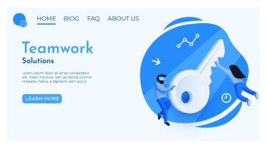 İnsanlar 3D anahtarın etrafında uçuyor. Fırsat, çözüm ya da başarı kavramının anahtarı. İniş sayfası şablonu. 