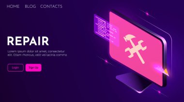 Ekranda İngiliz anahtarı ve çekiç olan bilgisayar. Bilgisayar onarım, bakım, teknik destek. Web sitesi inşa ediliyor.