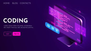 Web development, coding and programming futuristic banner. Computer code on computer. Vector illustration clipart svg vector 
