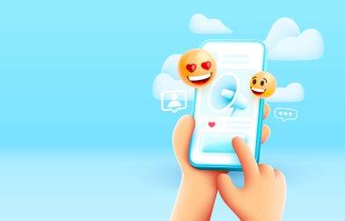 Megafon ikonlar gibi uçuşuyor, insanlarla iletişim kurmak için sosyal ağlar. Vektör