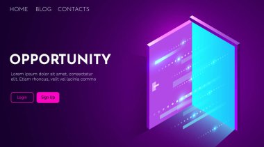 Yeni fırsatlar izometrik iniş sayfası afişi. Açılmış kapı.