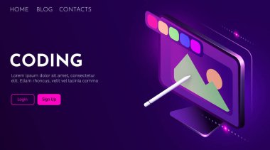 Bilgisayar tasarımı ve dijital sanat. Kalem ve tasarım araçları ile Isometric bilgisayar. Yaratıcı çalışma.