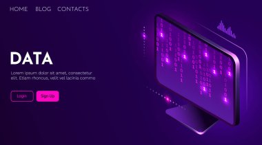 İkili veri içeren bilgisayar monitörü. Geliştirme veya siber güvenlik kavramı.