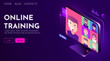 Çevrimiçi eğitim, video konferansı ve uzaktan eğitim konsepti. Video çağrısı olan bilgisayar.