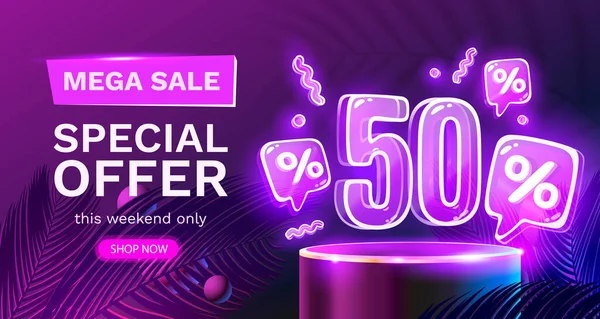 Mega sale special offer, Neon 50 off sale banner. Sign board promotion. Vector — ストックベクタ