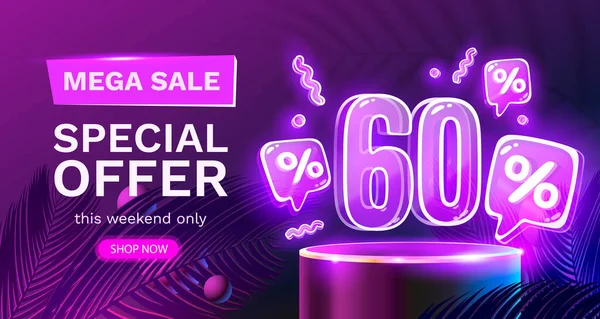 Mega prodej speciální nabídka, Neon 60 off sale banner. Podepsat povýšení. Vektor — Stockový vektor