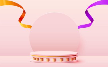 Soyut sahne arkaplanı. Konfeti ve kurdeleli silindir podyum arka planı. Ürün sunumu, modelleme, kozmetik ürünü, podyum, sahne kaidesi veya platformu göster.