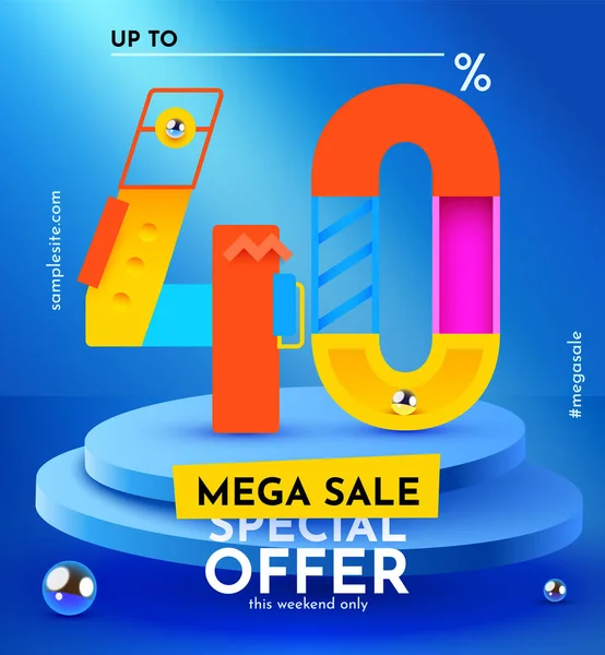 40 percent Off. Discount creative composition. Sale symbol with decorative objects and podium. Sale banner and poster. — Stockový vektor