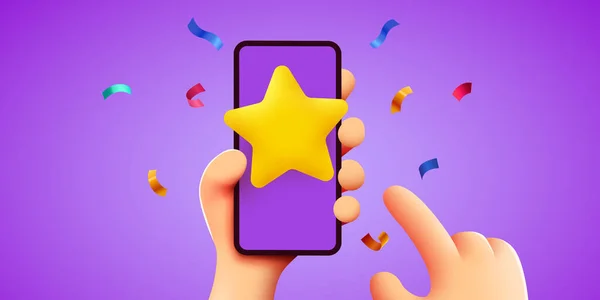 User puts an excellent rating in the mobile application. Cartoon hands with smartphone and rating star. — стоковый вектор