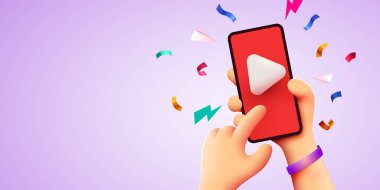 Video oynatıcıyla el ele tutuşmak. Video akışı ve vlog kavramı.
