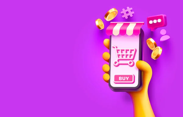 Shop smart phone banner, buy internet marketing. Vector — стоковый вектор