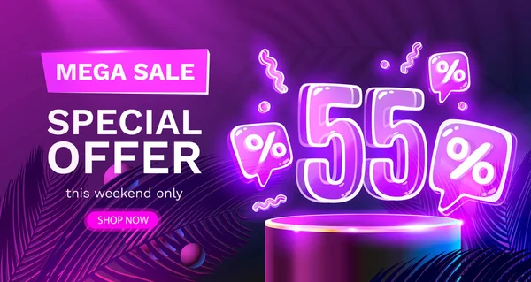 Mega prodej speciální nabídka, Neon 55 off sale banner. Podepsat povýšení. Vektor — Stockový vektor