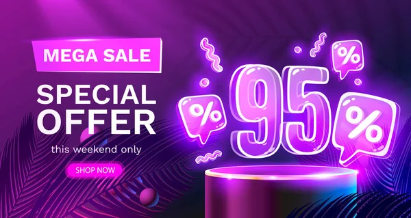 Mega sale special offer, Neon 95 off sale banner. Sign board promotion. Vector — Stok Vektör