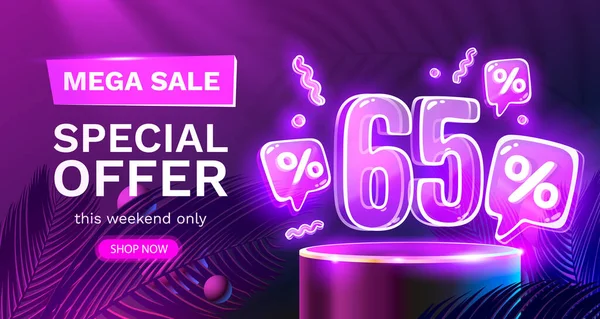 Mega sale special offer, Neon 65 off sale banner. Sign board promotion. Vector — стоковый вектор