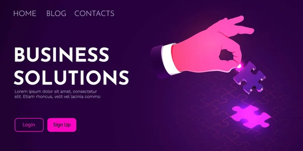 Businessman hand holding Jigsaw puzzle landing page template. Solution concept. — Stockvektor