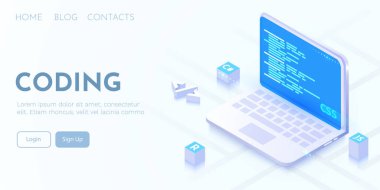 Web development, coding and programming futuristic banner. Computer code on laptop. Vector illustration clipart svg vector 