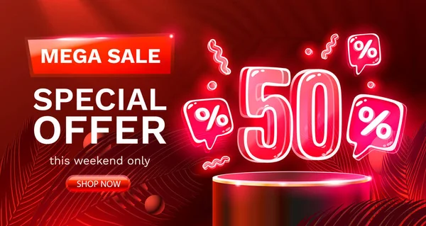 Mega vendita offerta speciale, Neon 50 off banner di vendita. Cartello promozione. Vettore — Vettoriale Stock