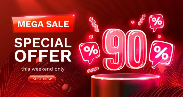 Mega sale special offer, Neon 90 off sale banner. Sign board promotion. Vector — стоковый вектор