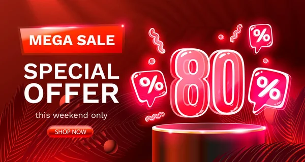 Ειδική προσφορά Mega sale, Neon 80 off sale banner. Προαγωγή πινακίδων. Διάνυσμα — Διανυσματικό Αρχείο