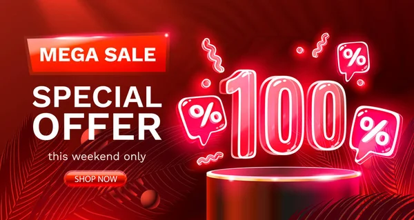 Mega sale special offer, Neon 100 off sale banner. Sign board promotion. Vector — стоковый вектор