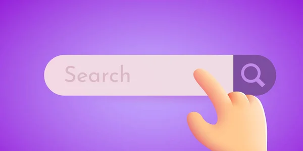 Cartoon hand clicks on the search bar. Searching for information on the Internet concept. — Stock Vector