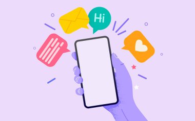 Mesajlarla el ele tutuşarak. İletişim ve sosyal ağ konsepti. Web siteleri ve pankart tasarımı için vektör illüstrasyonu