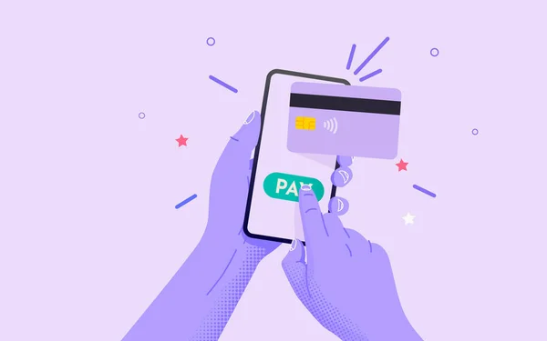 Aplikacja Bankowości Mobilnej Płatności Ręka Smartfonem Zapłacić Kartą Kredytową Pomocą — Wektor stockowy