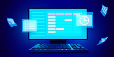 Takvim ve saat bilgisayar ekranında. Program kavramları. Modern fütürist tasarım grafik elementleri. Vektör illüstrasyonu