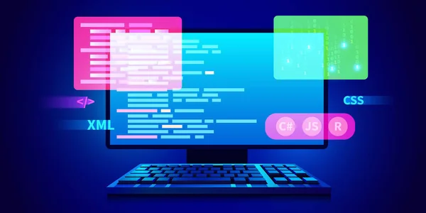 Web Entwicklung Codierung Und Programmierung Futuristischer Banner Computercode Auf Computer — Stockvektor