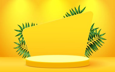 Soyut ekolojik sahne arkaplanı. Beyaz arka planda yaprakları olan silindir podyum. Ürün sunumu, modelleme, doğal kozmetik ürünü. Podyum, sahne kaidesi ya da platform. Vektör illüstrasyonu