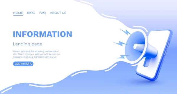 Información Del Banner Landing Page Del Megáfono Comunicación Comercial Ilustración — Vector de stock