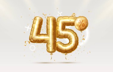 Kırk beş. Yaratıcı kompozisyon indirimi. 3D Altın Satış sembolü, dekoratif nesneler, kalp şeklinde balonlar, altın konfeti. Satış afişi ve poster. Vektör illüstrasyonu.