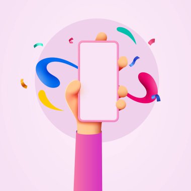 Telefonu bir elinde tutuyorsun. Telefon maketi. Renk patlaması. Parmaklarınla ekrana dokun. Vektör illüstrasyonu