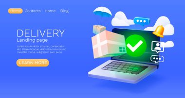 İniş sayfası bilgisayarı küresel dağıtım afişi mesajı. Vektör illüstrasyonu