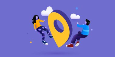 Büyük Harita 'nın etrafında küçük insanlar uçuşuyor. Seyahat ya da seyahat konsepti. Yer, adres ya da kişi imzası. Vektör illüstrasyonu.