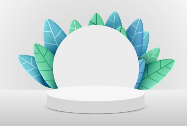 Soyut ekolojik sahne arkaplanı. Beyaz arka planda yaprakları olan silindir podyum. Ürün sunumu, modelleme, doğal kozmetik ürünü. Podyum, sahne kaidesi ya da platform. Vektör illüstrasyonu