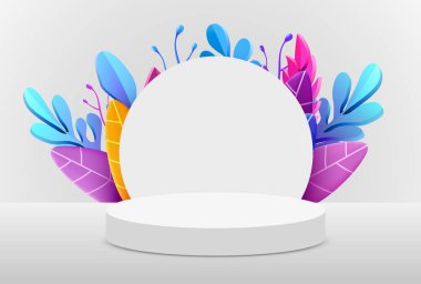 Soyut ekolojik sahne arkaplanı. Beyaz arka planda yaprakları olan silindir podyum. Ürün sunumu, modelleme, doğal kozmetik ürünü. Podyum, sahne kaidesi ya da platform. Vektör illüstrasyonu